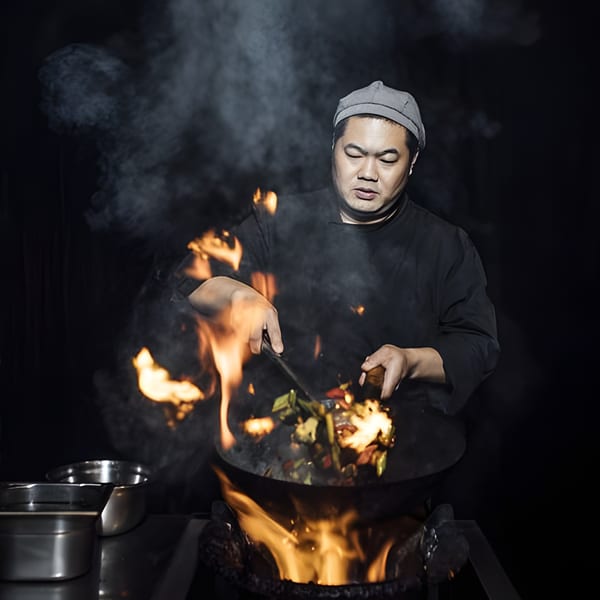 A Japanese chef stir-frying food in a flaming wok, surrounded by smoke and fire.